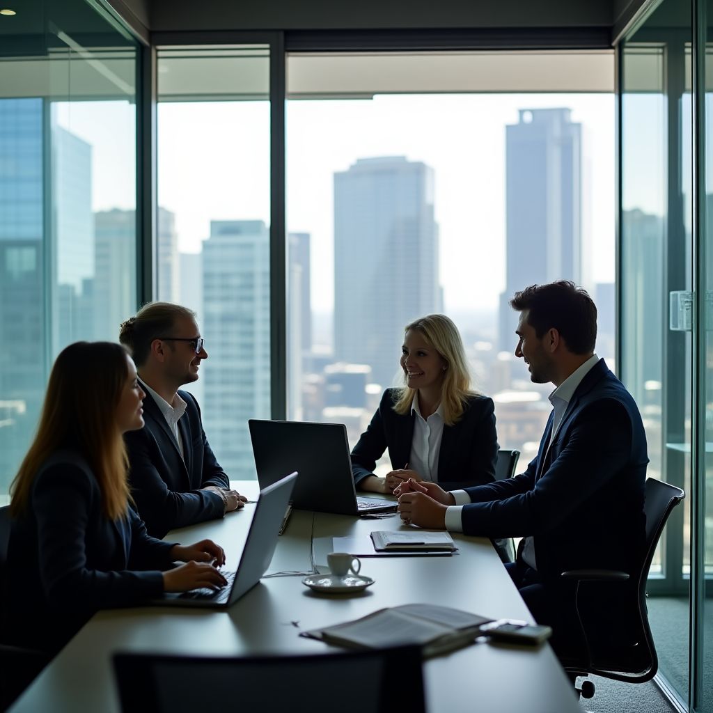 Equipo de FinanConsult reunido en oficina moderna